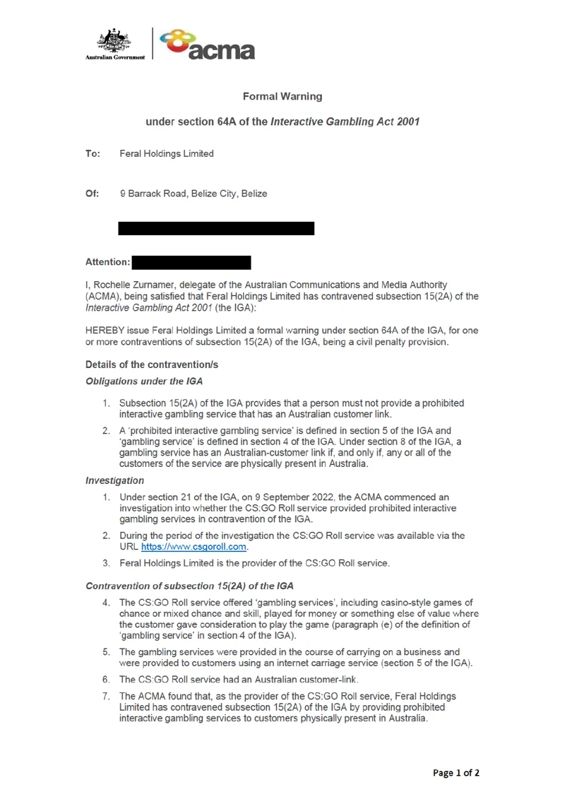 First page of ACMA’s formal warning identifying Feral Holdings Limited as the operator of CS:GO Roll