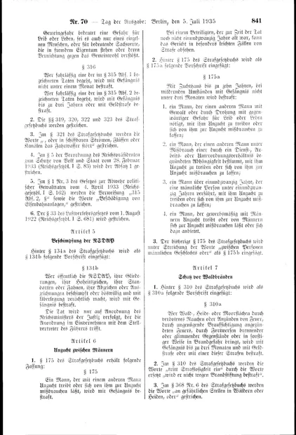Law of 28 June 1935 · RGBl. I, p. 841 · Article 6 — Official gazette · complete page 841