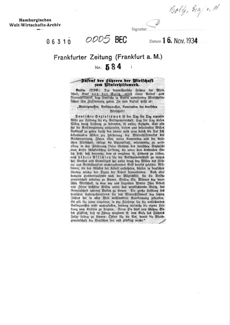 Complete archival sheet: Frankfurter Zeitung (Frankfurt a. M.), 16 November 1934, document 00005
